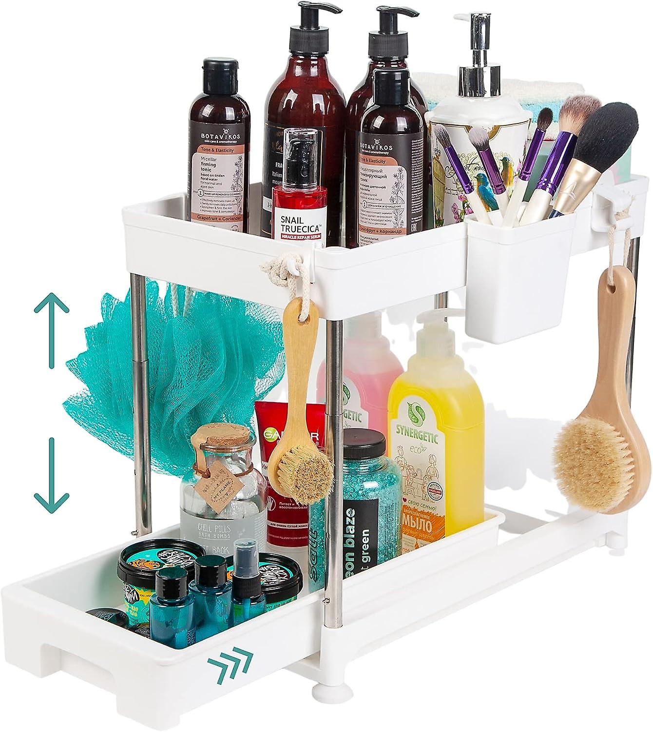 Adjustable Heightunder Sink Organizers And Storage， 2 Tier Sliding Bathroom Basket， Under Cabinet Storage Shelf， Kitchen Storage Rack With Hooks， Hang