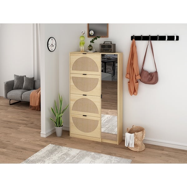 Natural Rattan Shoe Cabinet with 4 Tier Shoe Rack Storage Cabinet Wood 4 Door Free Standing Shoe Rack