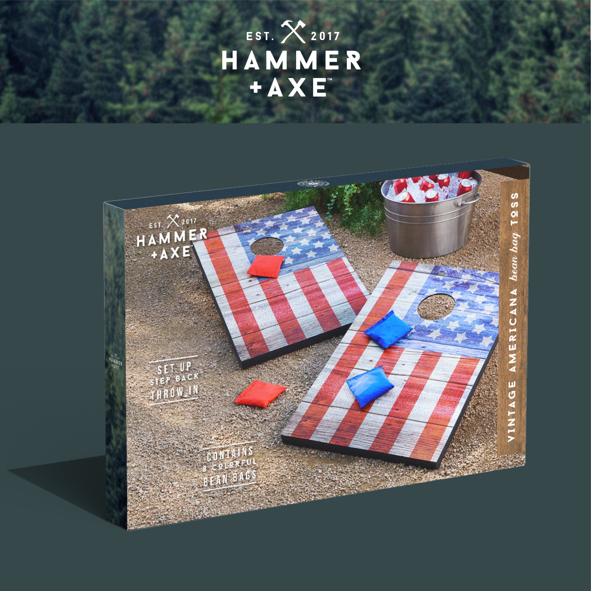 Hammer + Axe Wooden Bean Bag Cornhole Game, USA Edition, Includes 8 Bean Bags, two 3'x2' Boards