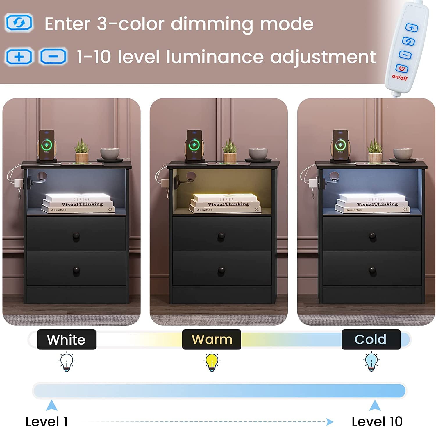 Nightstand with Charging Station and LED Lights, Modern Bedside Table with Drawers and Open Storage,2 USB Charging Ports,Bedroom