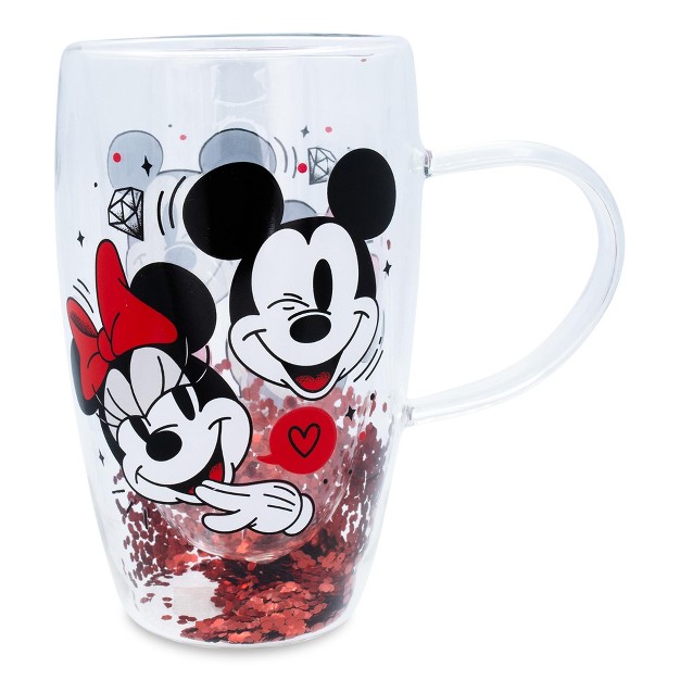 Silver Buffalo Disney Mickey And Minnie Hearts amp Diamonds Confetti Glass Mug Holds 15 Ounces