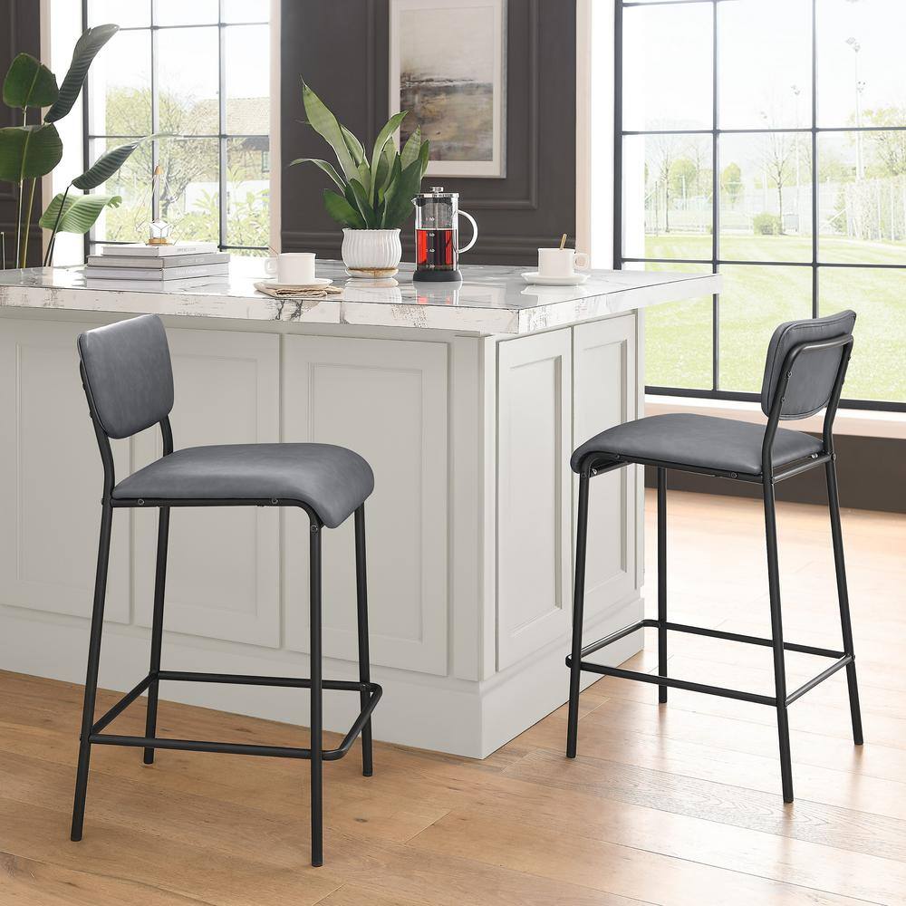 34.5 in. Gray Low Back Metal Bar Stools, Dining Chair Counter Stools with Footrest and Faux Leather Seat (Set of 2) HY02012Y