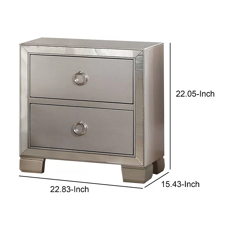 Two Drawer Nightstand With Mirror Insert Front Trim， Platinum