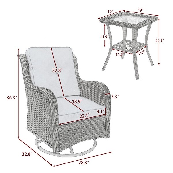 3 Pieces Patio Furniture Rocking Set with Rattan Side Table