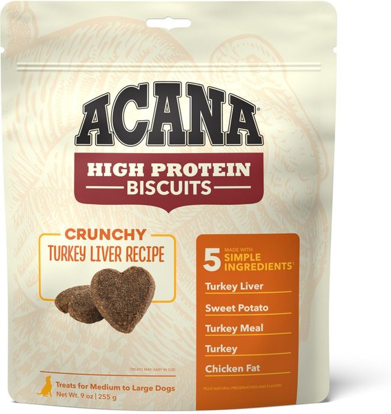 ACANA High-Protein Biscuits Grain-Free Turkey Liver Recipe Med/Large Breed Dog Treats， 9-oz bag