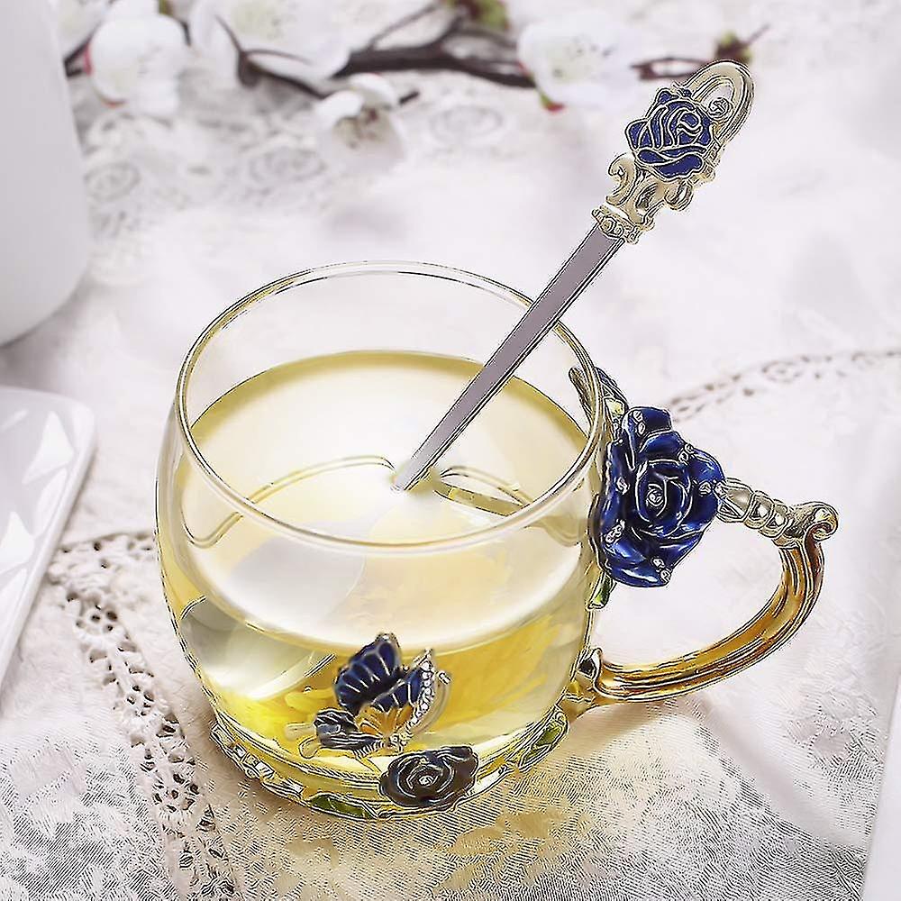 Enamels Butterfly Flower Lead Free Glass Coffee Mugs Tea Cup With Steel Spoon Set Gifts For Women Wi