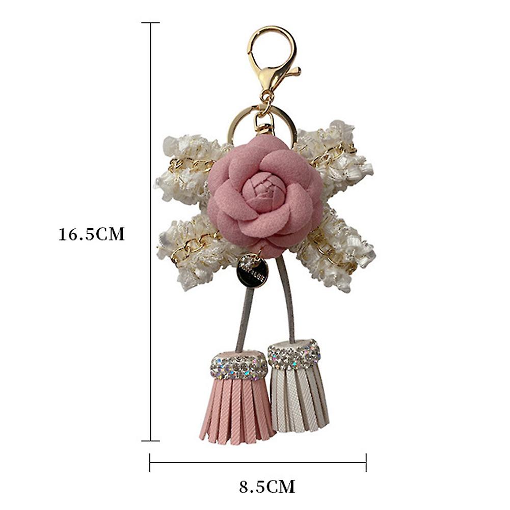 Camellia Creative Flower Tassel Keychain Cute Girl Car Key Chain For Pendant Handbag Wallet Ornament For Birthday Anniversary Girls Gifts Khaki