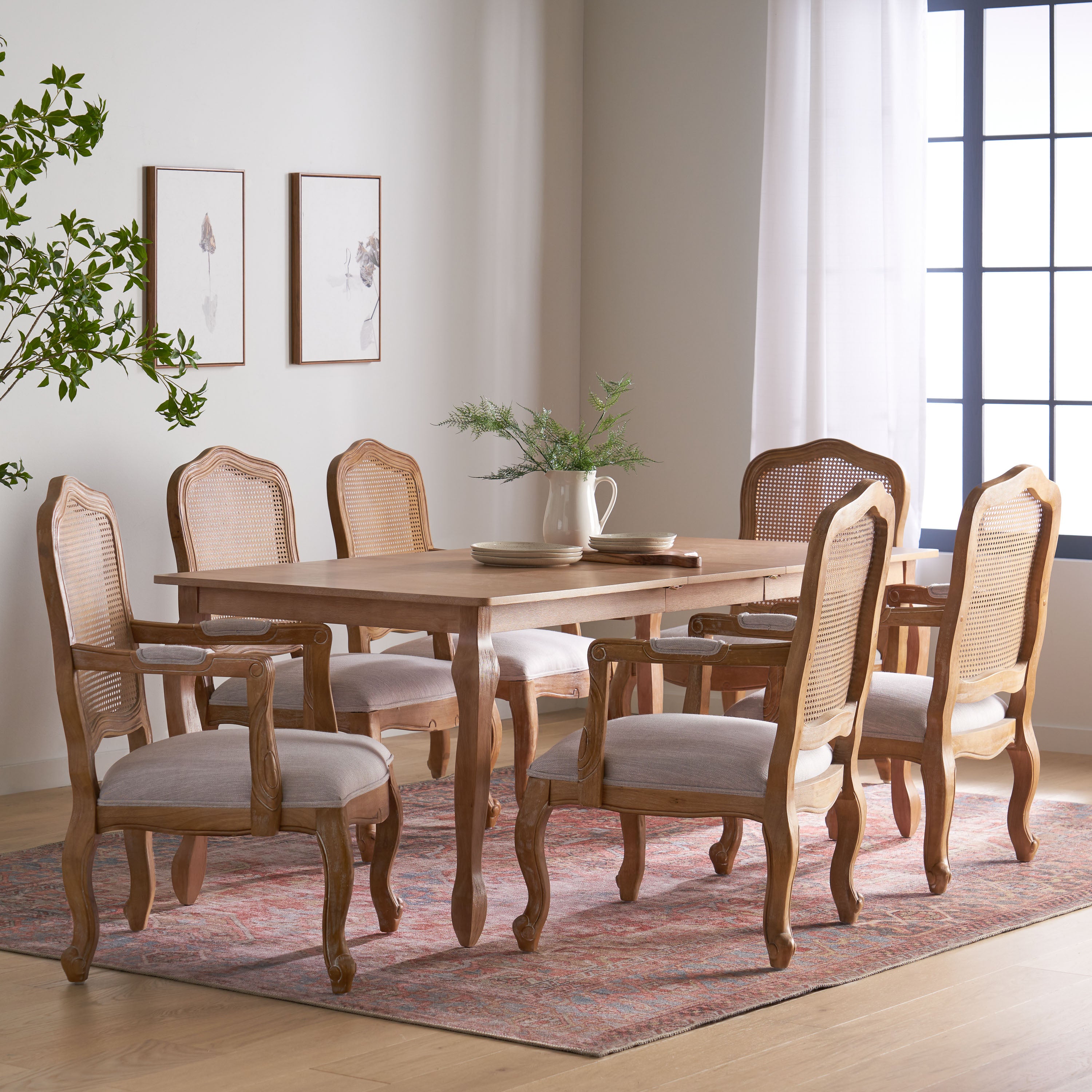 Bonview French Country Fabric Upholstered Wood and Cane Expandable 7 Piece Dining Set