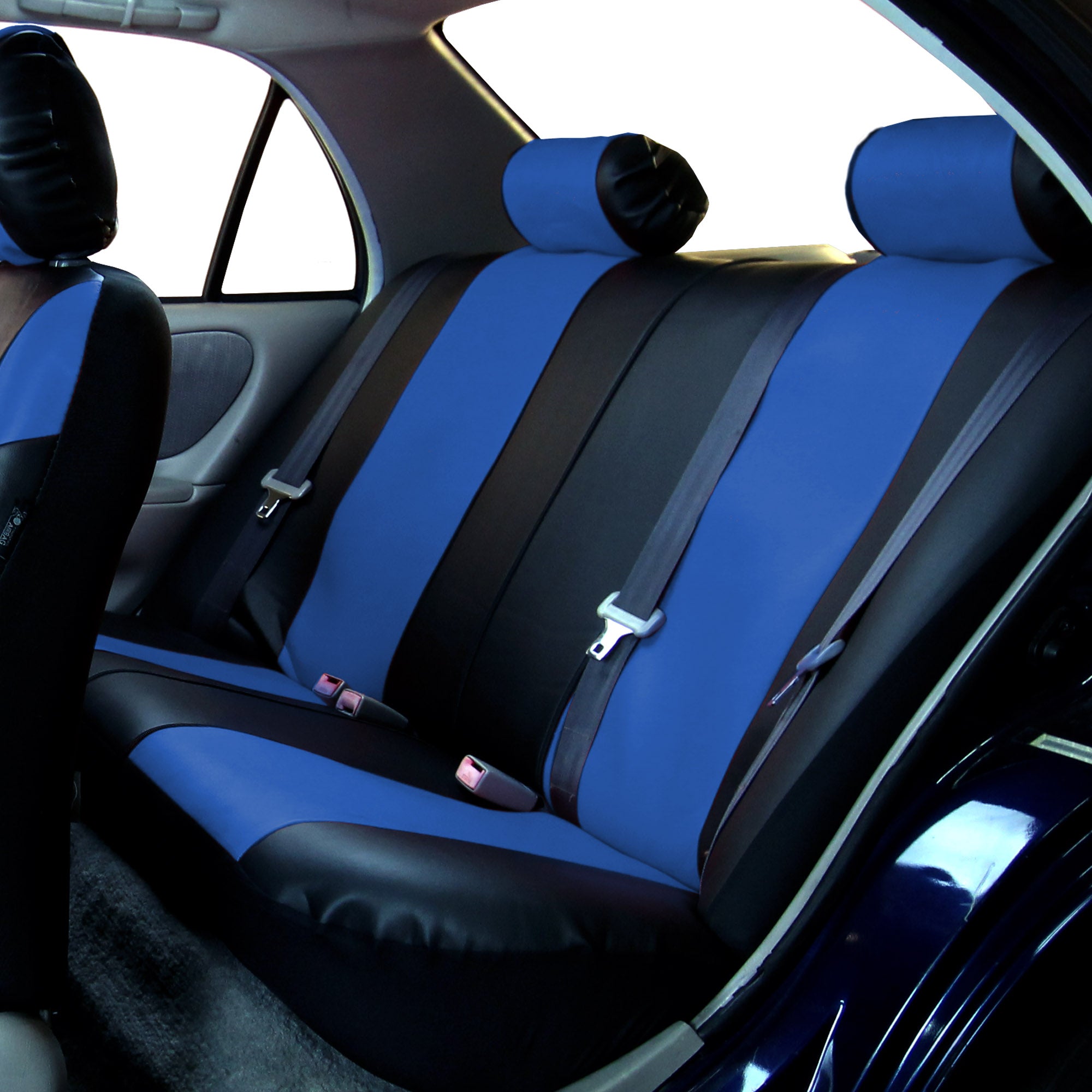 FH Group Racing Faux Leather Airbag Ready Split Bench Car Seat Covers， Full set with Carpet Floor Mats， Blue