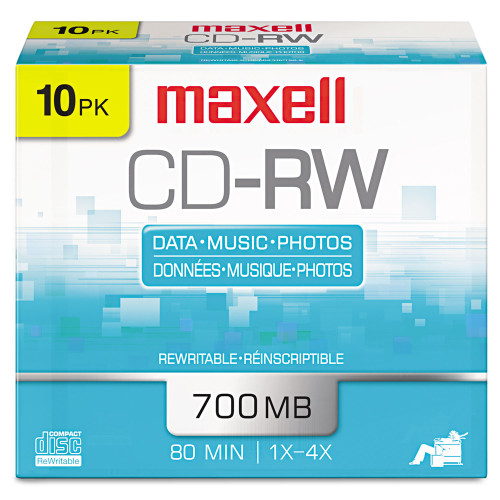 Maxell CD-RW Rewritable Disc， 700 MB/80 min， 4x， Jewel Case， Silver， 10/Pack (630011)