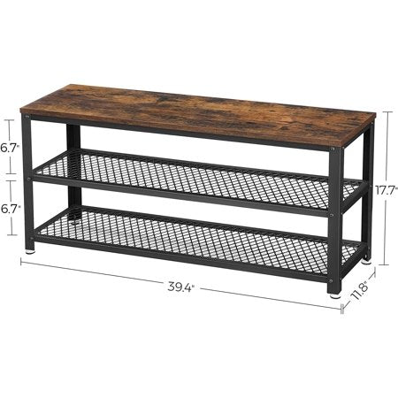 VASAGLE 3-Tier Shoe Rack Bench  39.4” Long 12 Pair of Shoes Shelves Storage Bench with Metal Mesh Shelves and Seat for Entryway Rustic Brown and Black