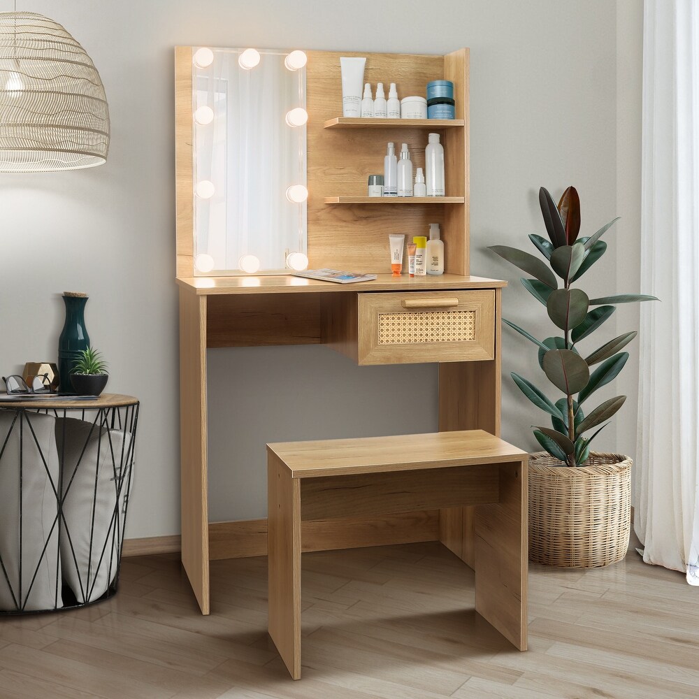 Vanity Desk Set Stool   Dressing Table with LED Lighting Mirror Drawer and Compartments Modern Wood Cosmetic Table