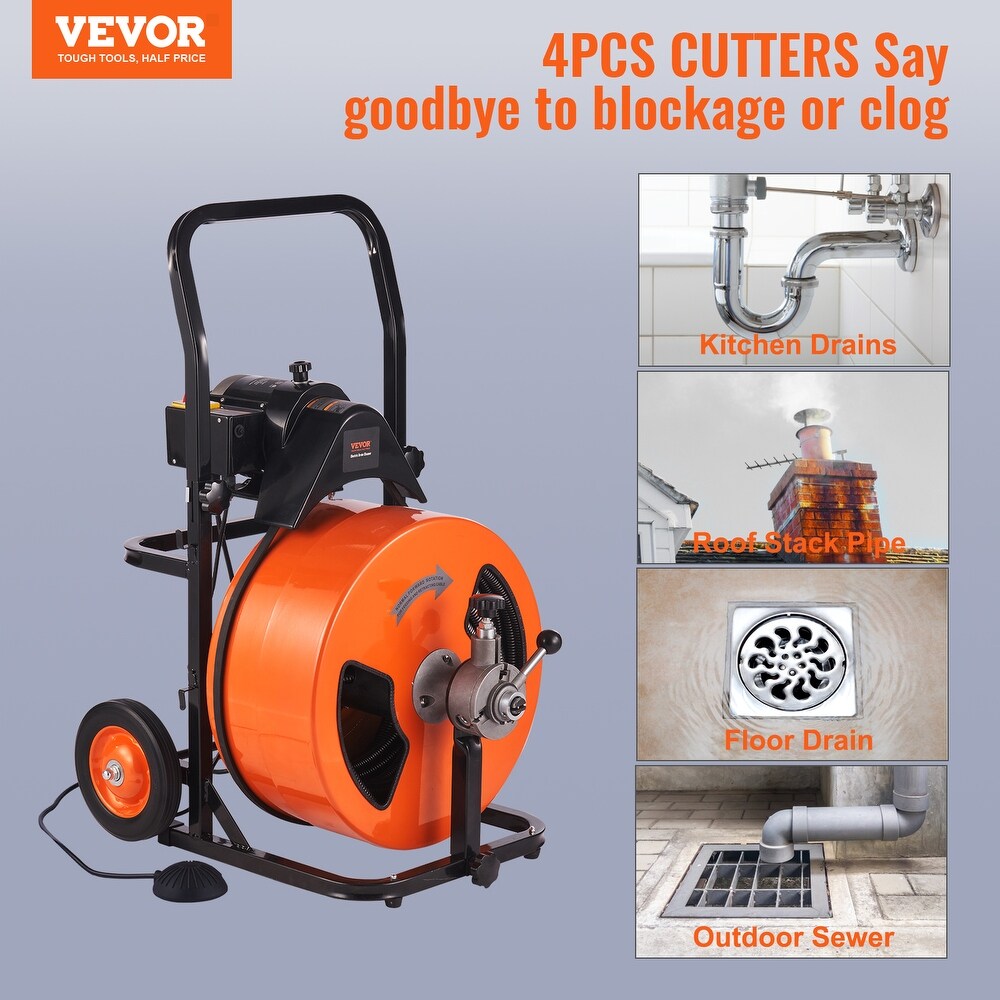 VEVOR 1800rpm Drain Cleaning Machine Sewer Auger Auto Feed with 4 Cutter Air activated Foot Switch for 1\