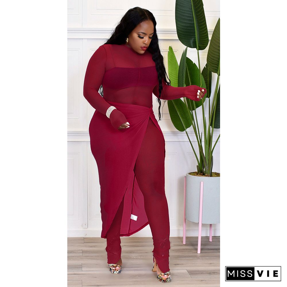 Sheer Mesh Long Sleeve Jumpsuit Cover Up Skirt Sets