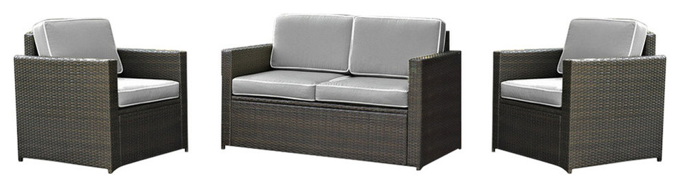 Palm Harbor 3 Piece Outdoor Wicker Seating Set With Gray Cushions   Tropical   Outdoor Lounge Sets   by Crosley  Houzz