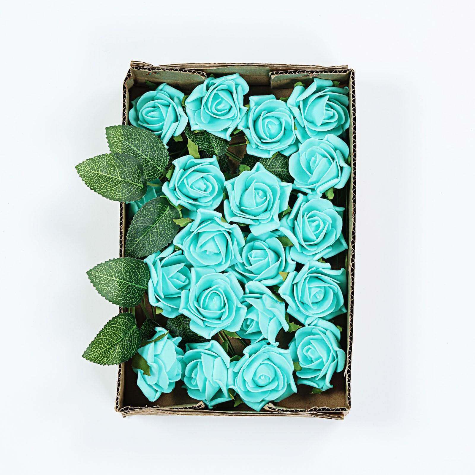 24 Roses Turquoise Artificial Foam Flowers With Stem Wire and Leaves 2