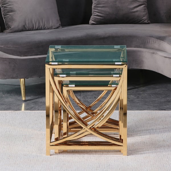 3 Pieces Gold Square Nesting Glass End Tables