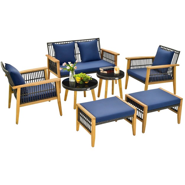 Costway 7 Piece Conversation Set Rattan Woven Chair Set With 2 Coffee Tables amp 2 Ottomans