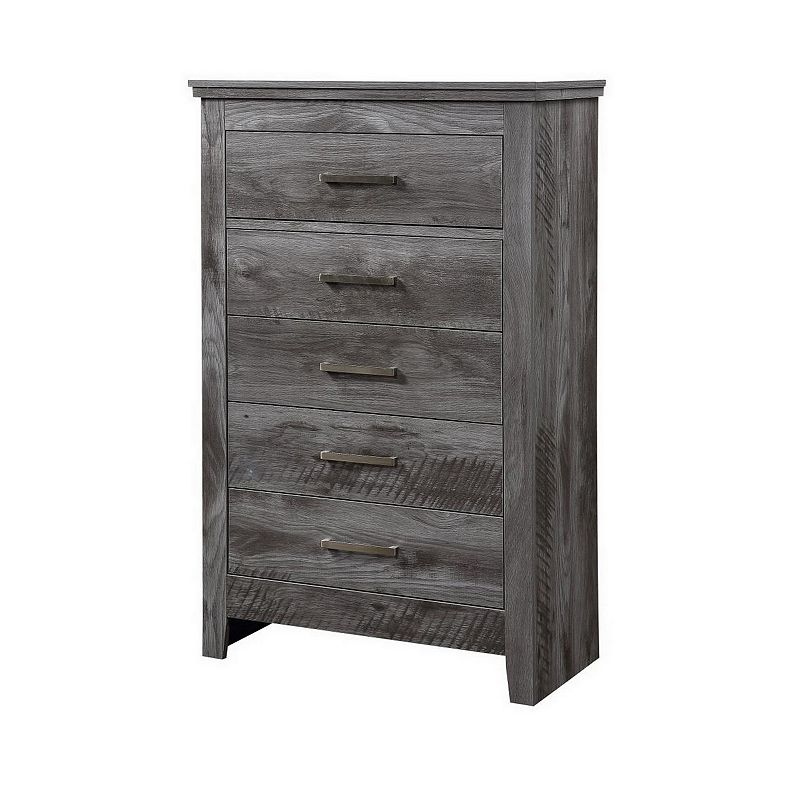 5 Drawer Wooden Chest with Metal Bar Pulls， Rustic Gray