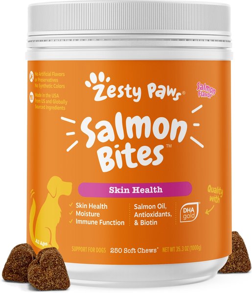 Zesty Paws Salmon Bites Salmon Flavored Soft Chews Skin and Coat Supplement for Dogs