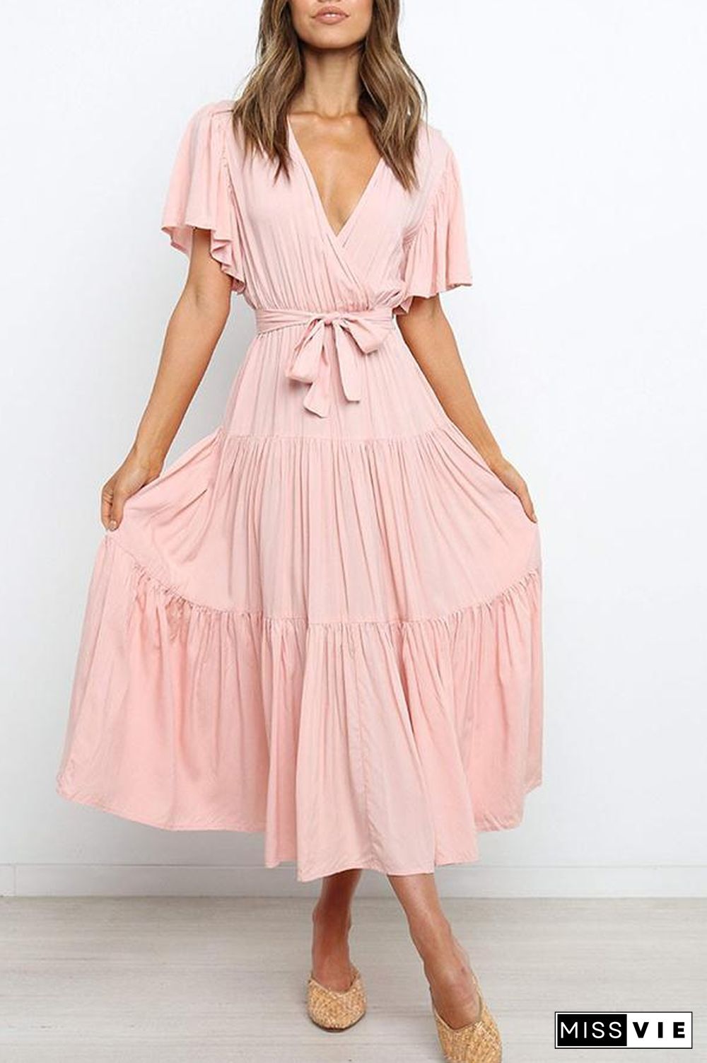 Ruffled Sleeve V-neck Tie Waist Maxi Dress P14492