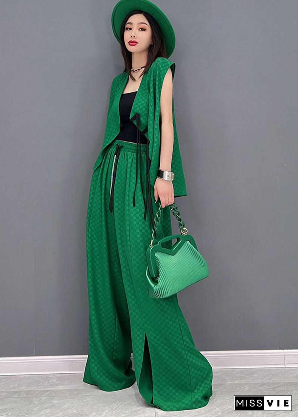 Classy Green Plaid Side Open Chiffon Vest And Wide Leg Pants Two Piece Set Outfits Summer