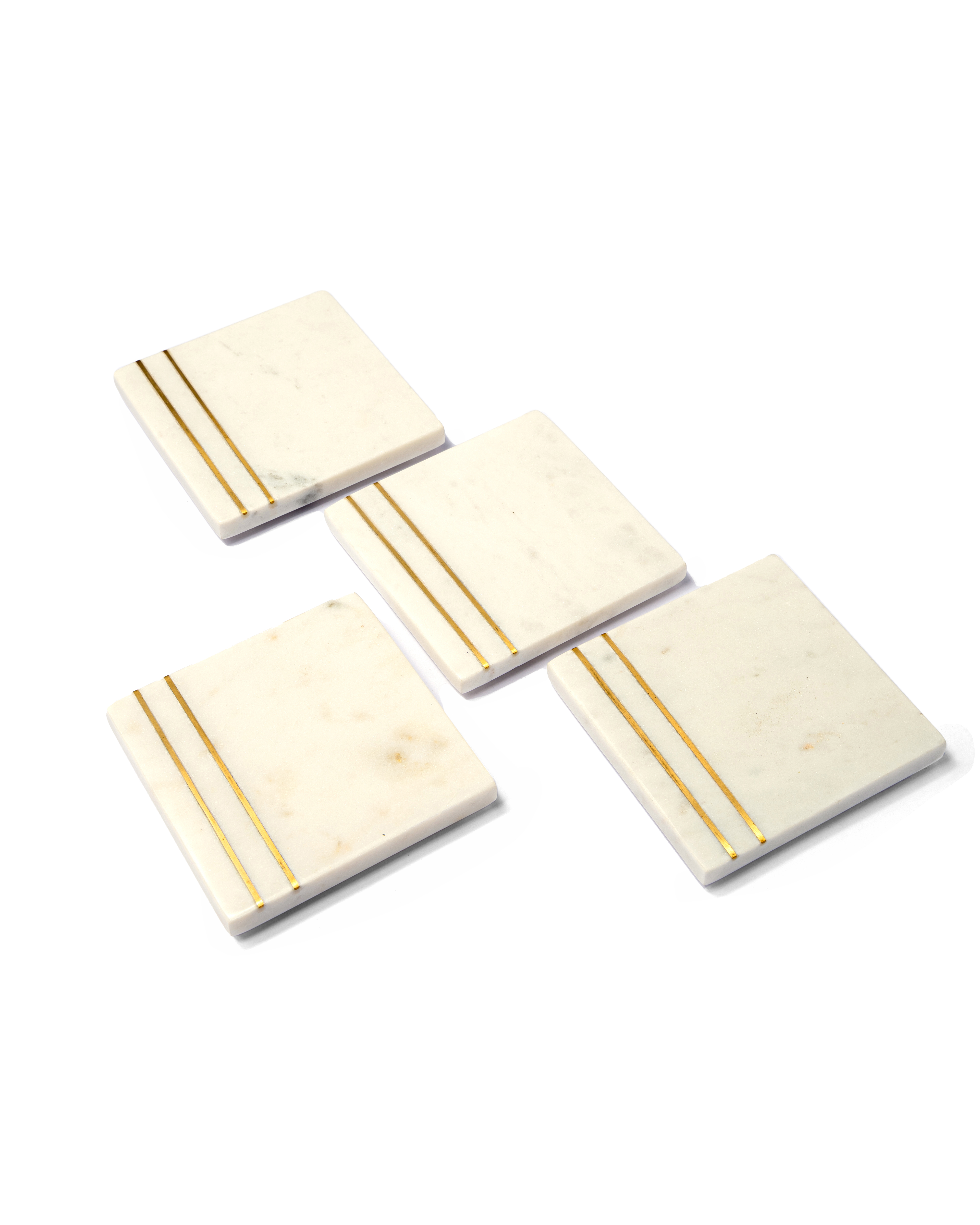 Lexi Home Square Real Marble Coasters with Brass Inlay Design - Set of 4