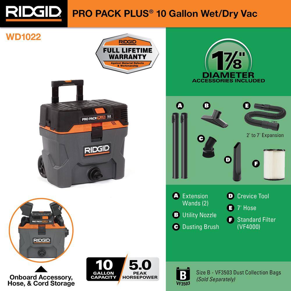 RIDGID 10 Gallon 5.0 Peak HP ProPack Plus WetDry Shop Vacuum with Filter Expandable Locking Hose and Accessories WD1022