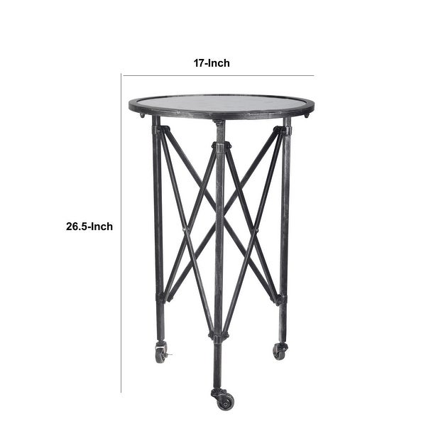 27 Inch Side Table， Round Metal Body， Glass Tabletop， 3 Wheels， Silver