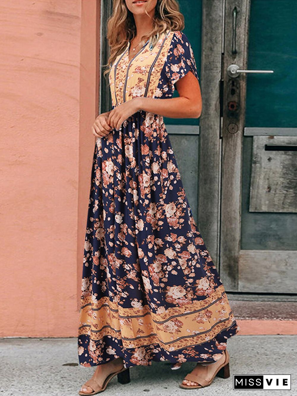 Bohemian Floral Print Tulip Sleeve V-neck Maxi Dress