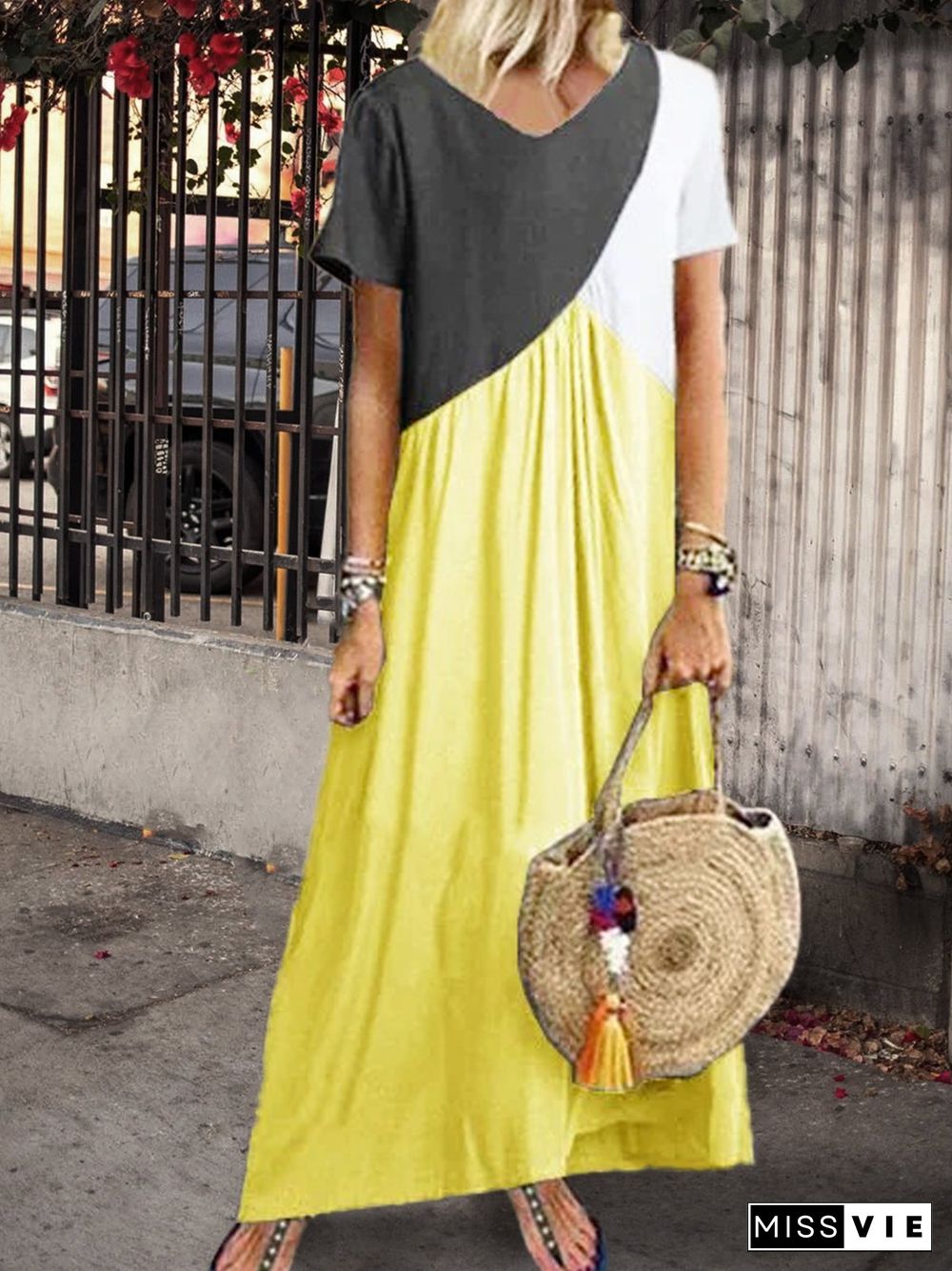 Women Casual Solid Color Cotton V Neck Plus Size Maxi Dresses