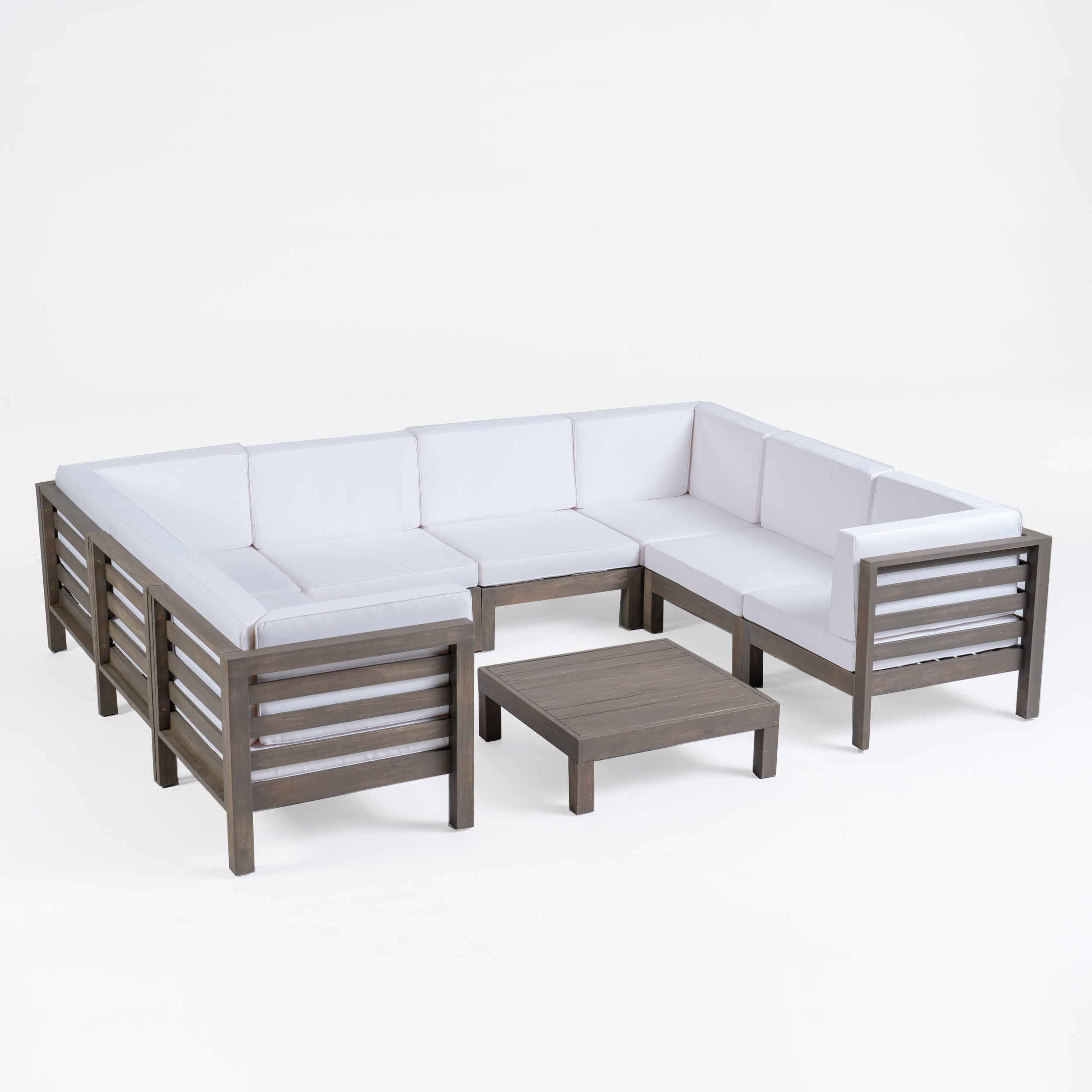 Dawson Outdoor U-Shaped Sectional Sofa Set with Coffee Table - 9-Piece 8-Seater - Acacia Wood - Outdoor Cushions