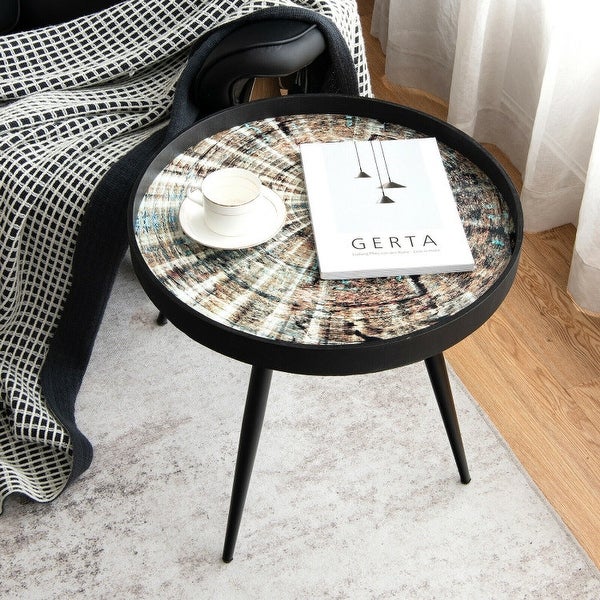 Modern Round End Table with Wooden Tray Top for Living Room Bedroom