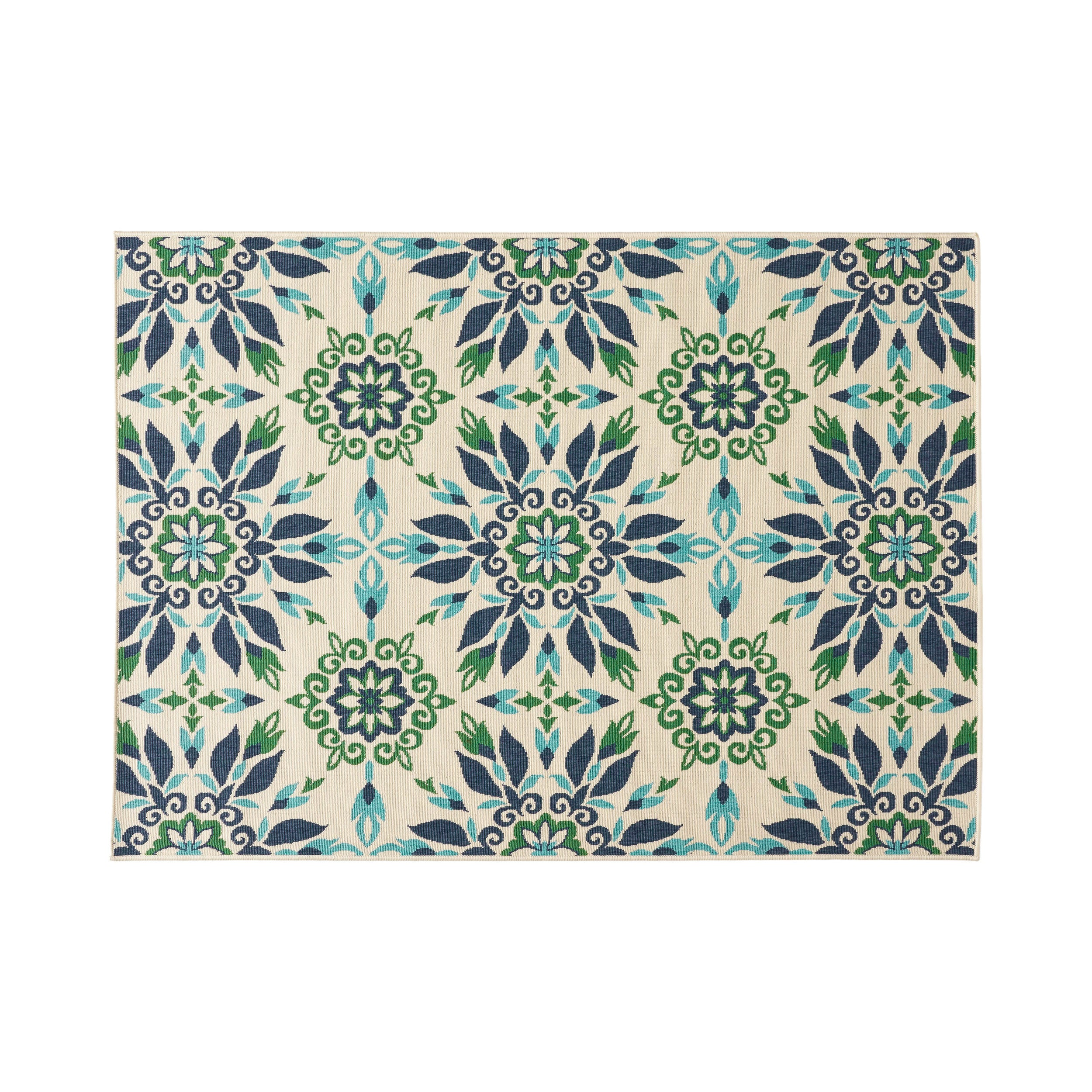 Phoebe Outdoor Medallion Area Rug, Ivory and Blue