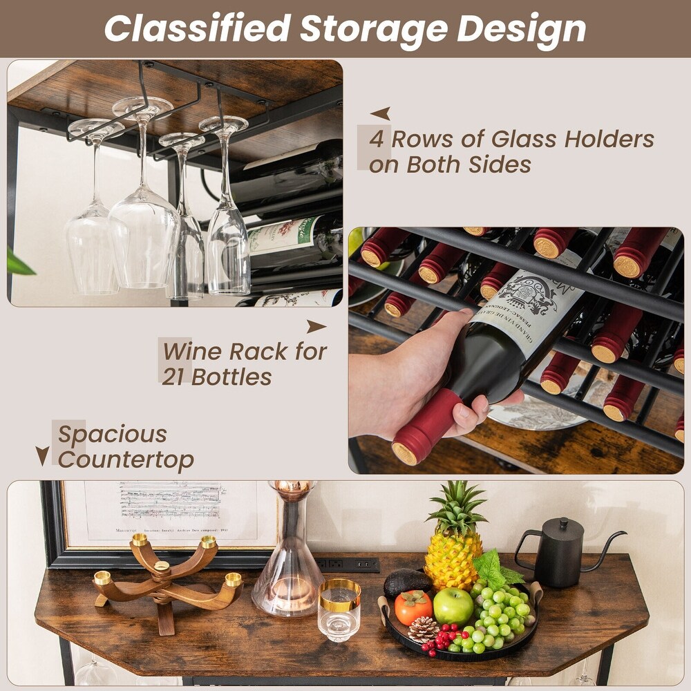 Gymax 3 Tier Wine Bar Cabinet with Storage Shelves Glass Holders