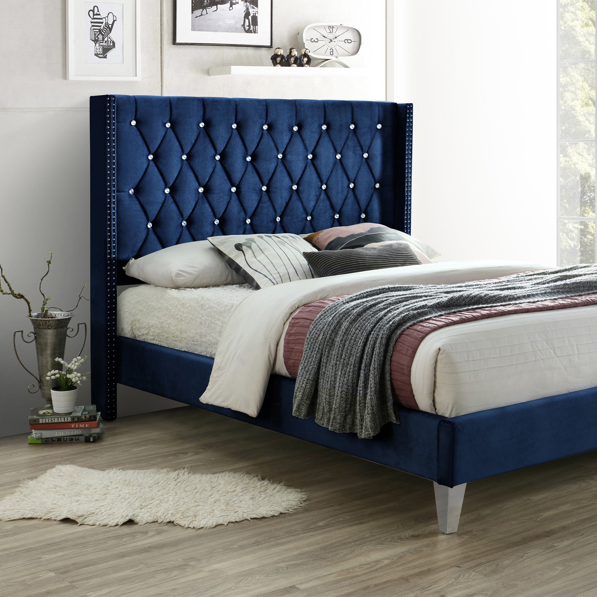 Better Home Products Alexa Velvet Upholstered Full Platform Bed in Blue