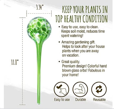 Cotswold Homeware Co Plant Watering Globes - Plant Watering Devices - Plant Watering Bulbs - Self Watering Spikes -Decorative Hand Blown Glass - Watering Bulbs - Free Moisture Meter 4 Large Size