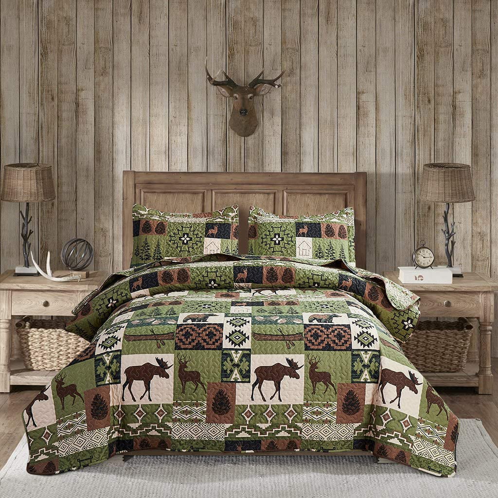 Jessy Home Queen/Full Rustic Quilt Sets Moose Bear Bedding Green Polyester Bedspread Coverlet