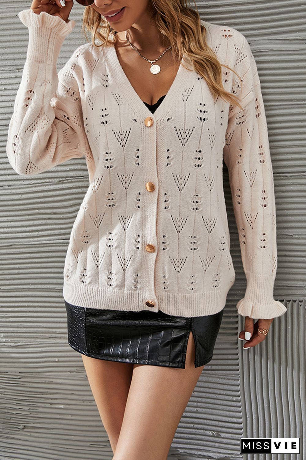 Apricot Knitting Cut-out Holes Ruffle Cuffs Cardigan Women Wholesale