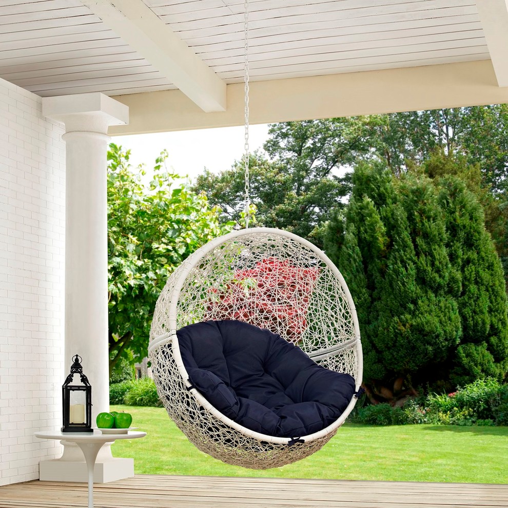 Modern Contemporary Urban Outdoor Patio Swing Chair  Navy Blue White  Rattan   Tropical   Hammocks And Swing Chairs   by House Bound  Houzz