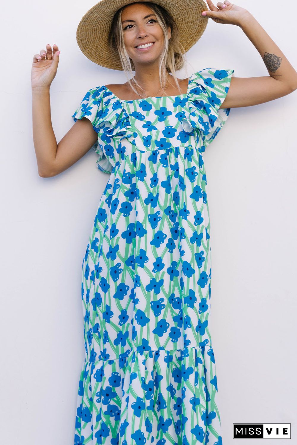 Sky Blue Boho Floral Print Maxi Dress