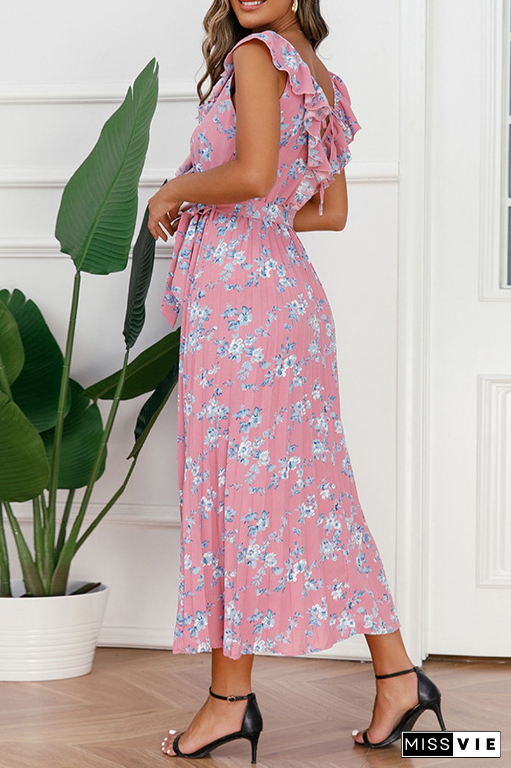 Sleeveless Smocked Tie Waist Floral Dress