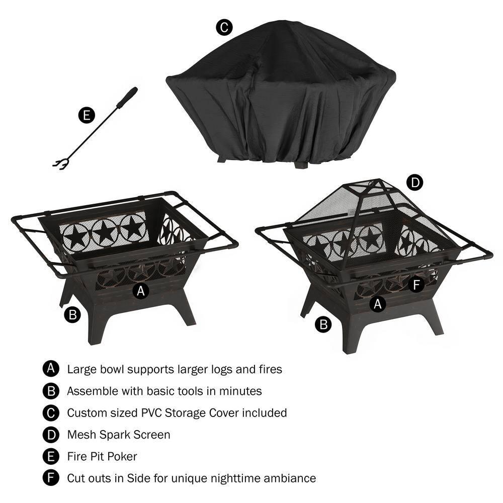 Pure Garden 32 in W x 27 in H Square Steel Wood Burning Outdoor Deep Fire Pit in Black with Star Design