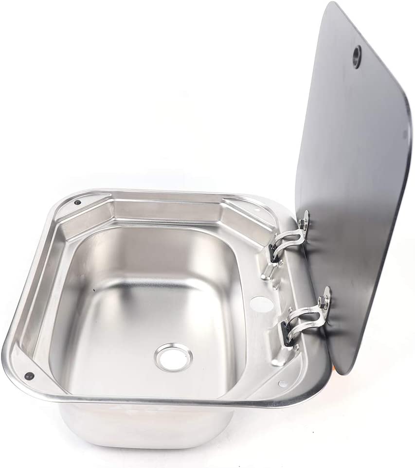 Oukaning RV Caravan Camper Stainless Steel Hand Wash Basin Kitchen Basin Sink with Lid and Tap16.53" X 14.56" X 6.3"