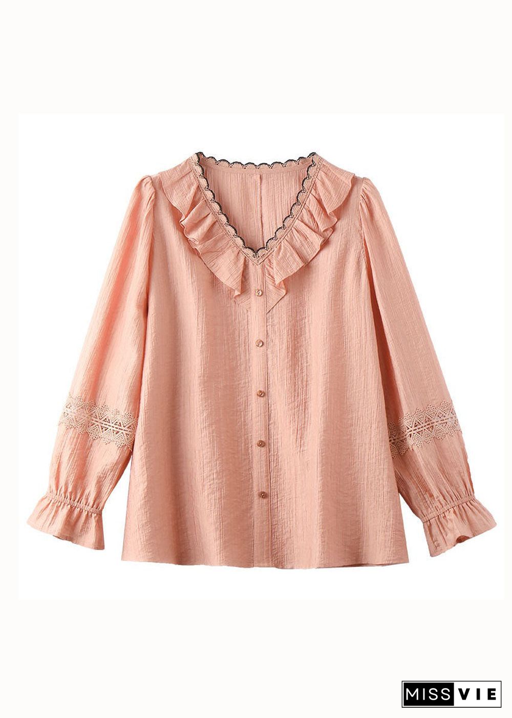 Fine Pink V Neck Ruffled Hollow Out Lace Patchwork Cotton Shirt Spring