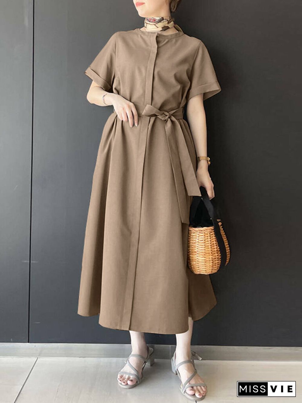 Solid Short Sleeve Crew Neck Dress With Belt For Women