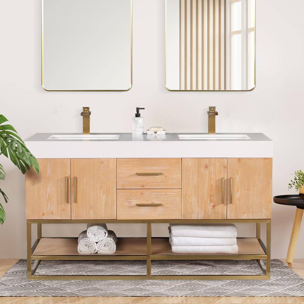 Altair Bianco 60 in. W x 22 in. D x 34 in . H Double Sink Bath Vanity in Light Brown with White Composite Stone Top 552060G-LB-WH-NM