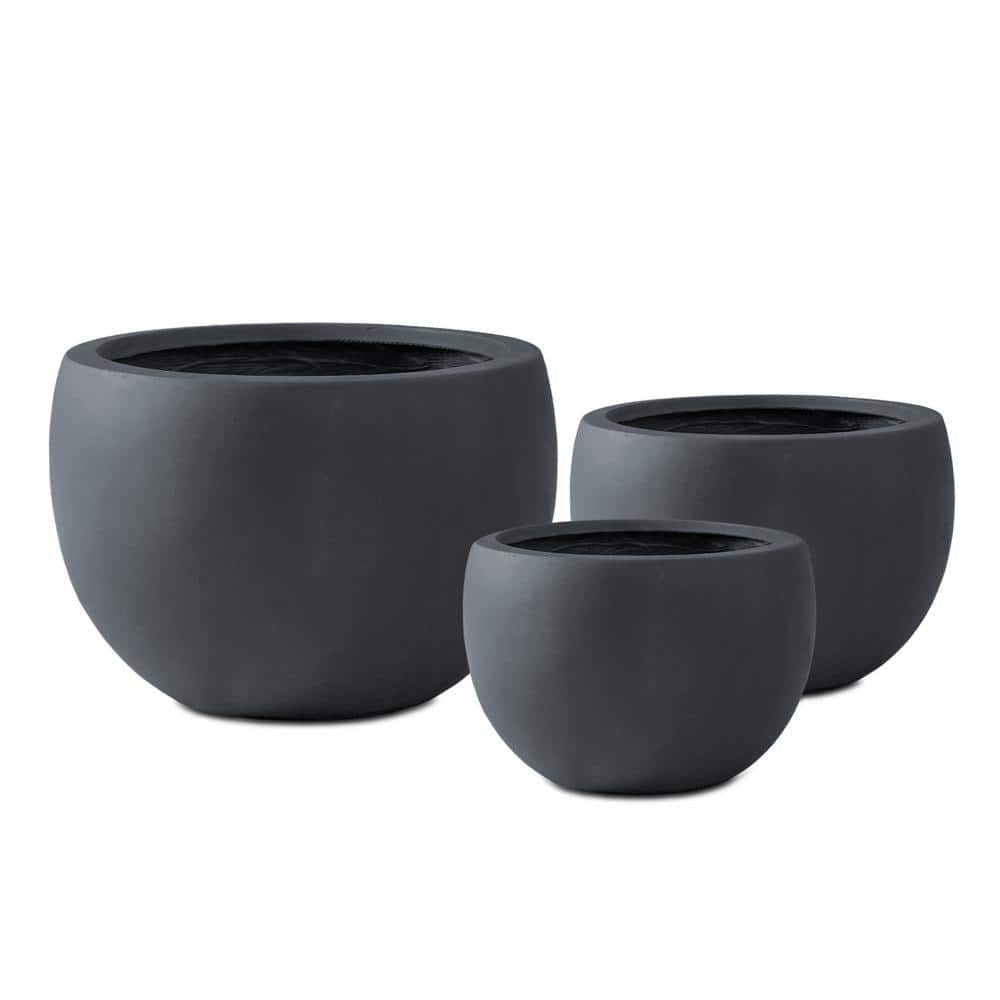 KANTE 13 in. Tall Charcoal Lightweight Concrete Round Outdoor Planter (Set of 3) RC0049ABC-C60121