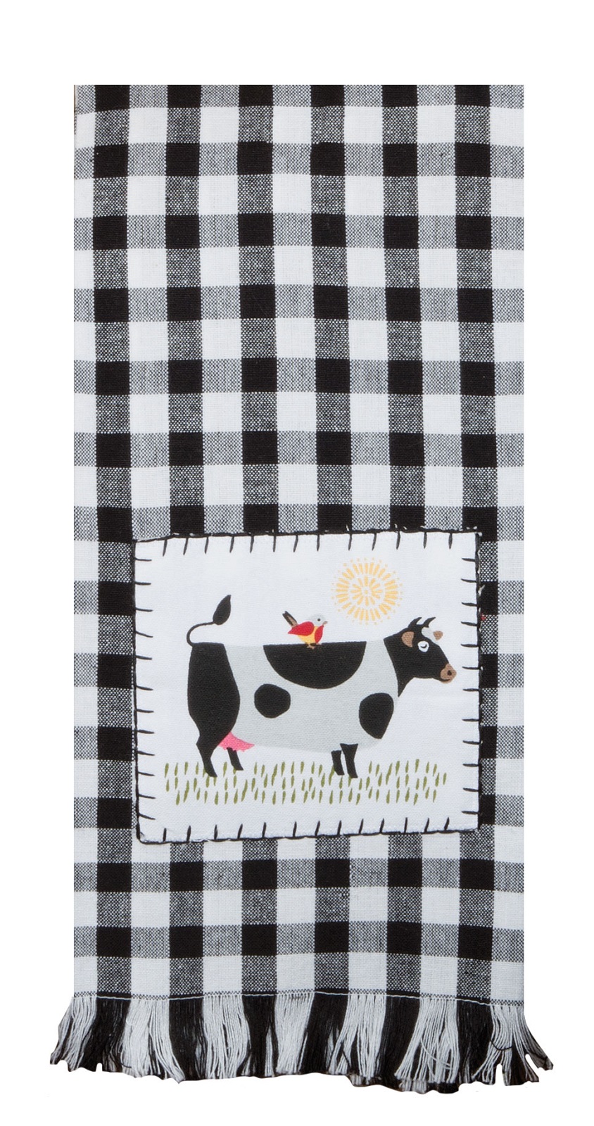 Farmhouse Pig Cow Farm Charm Black White Plaid Appliqued Kitchen Tea Towels S/2