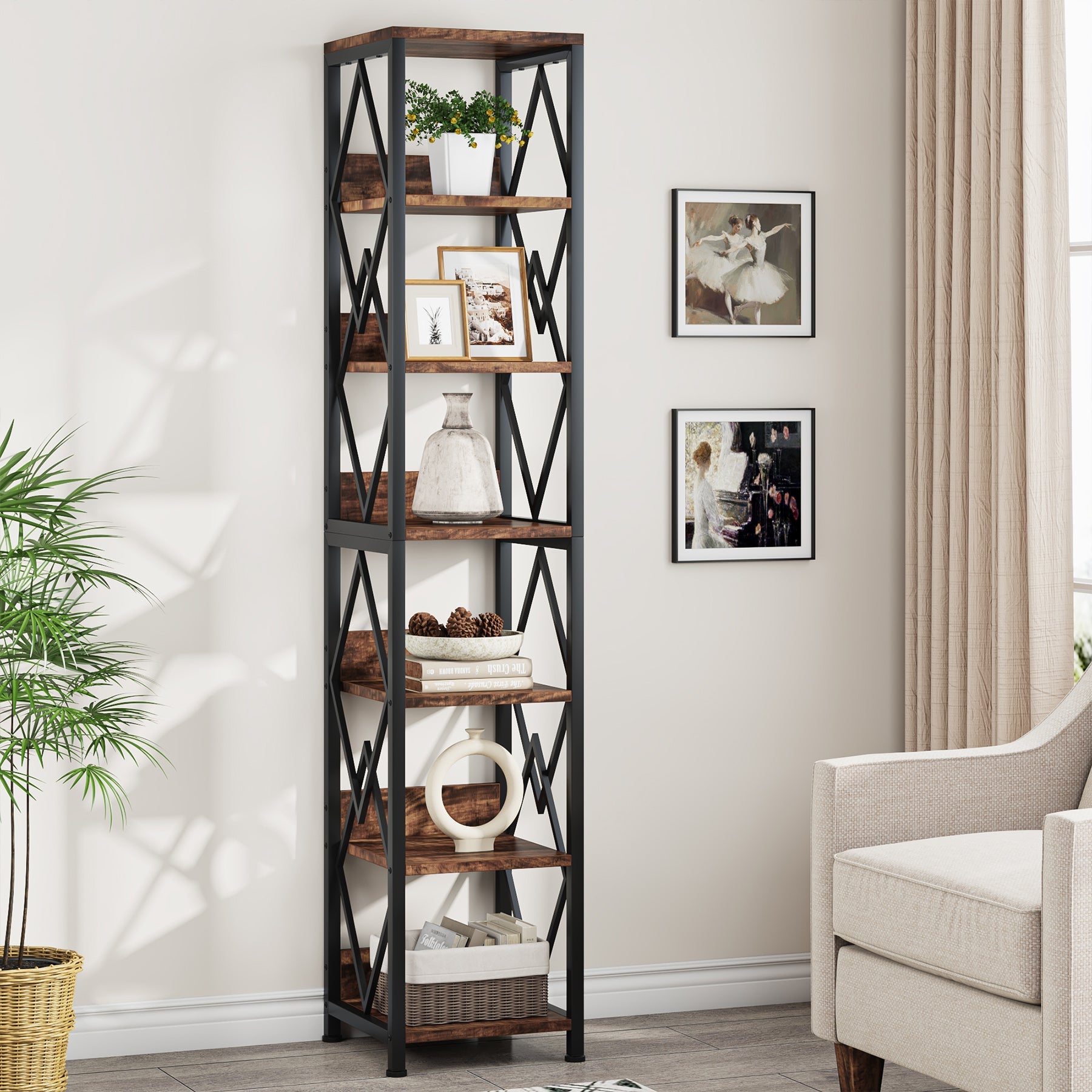 6-Tier Bookshelf, 75 Tall Narrow Bookcase Open Storage Display Rack